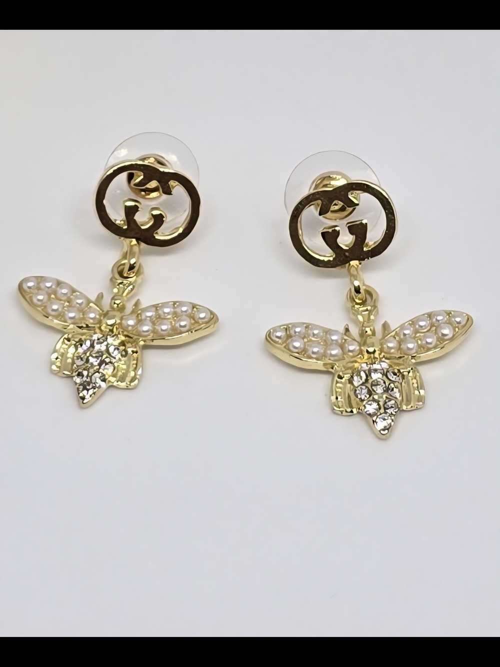Gold Pearl & Crystal Bee Drop Earrings